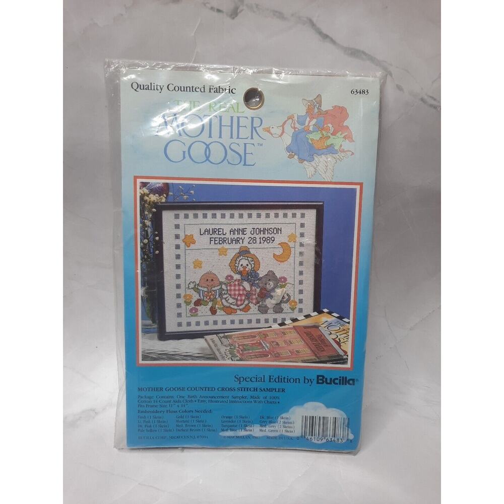 Bucilla Mother Goose Counted Cross Stitch Sampler 63483 Birth Announcement